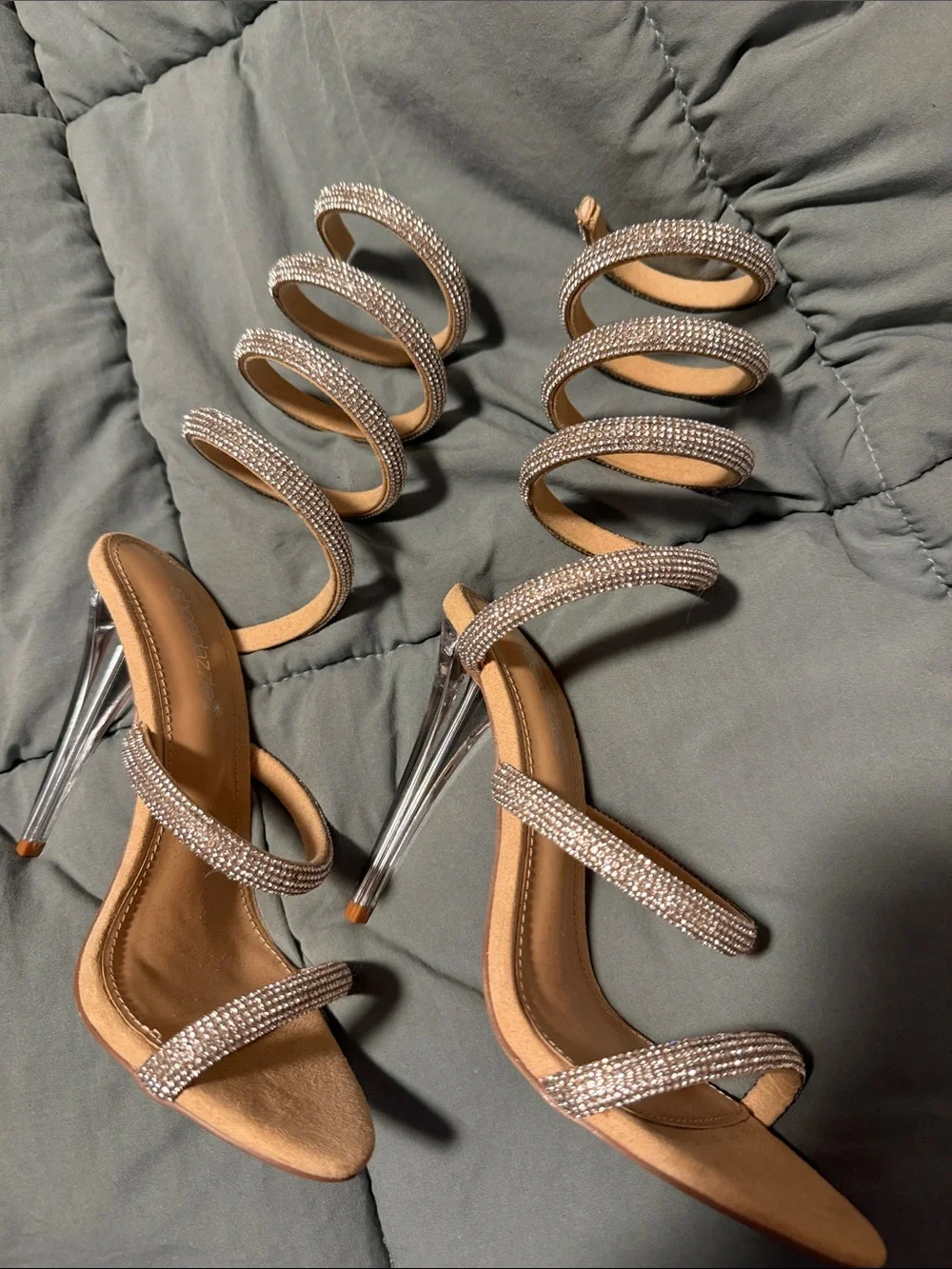 Rhinestone Spiral Strap Nude High Heel Sandals